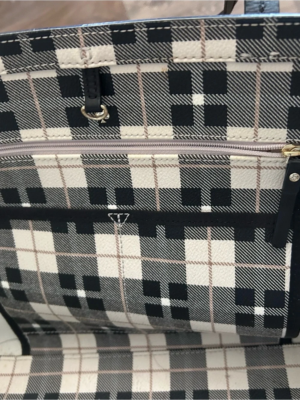Kate Spade Black and Cream Plaid Tote with Heart Charm